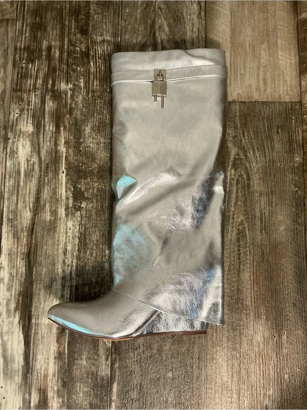 NWOB Fashion Nova Metallic Silver Knee-High Wedge Boots Size 9